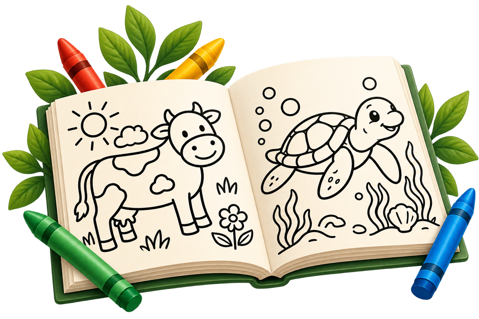An open Willow & Hue colouring book surrounded by colourful crayons and leaves